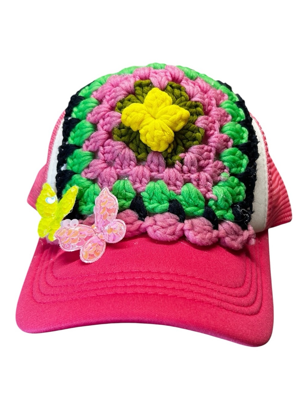 OOAK Pink Crochet Granny Square Trucker Hat | Handmade Butterfly Snapback